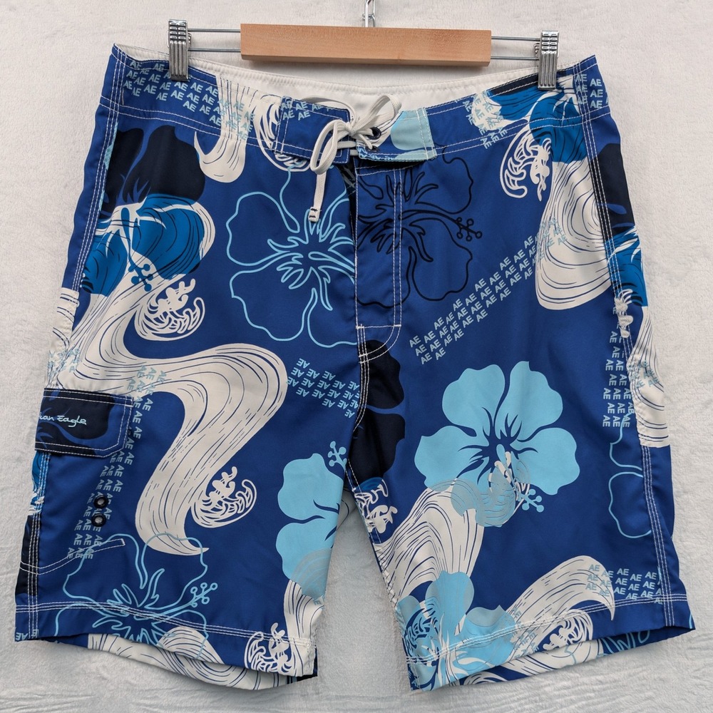 VTG American Eagle Board Shorts Men's 36 Blue 10" Hibiscus Wave Surf Relaxed Y2K